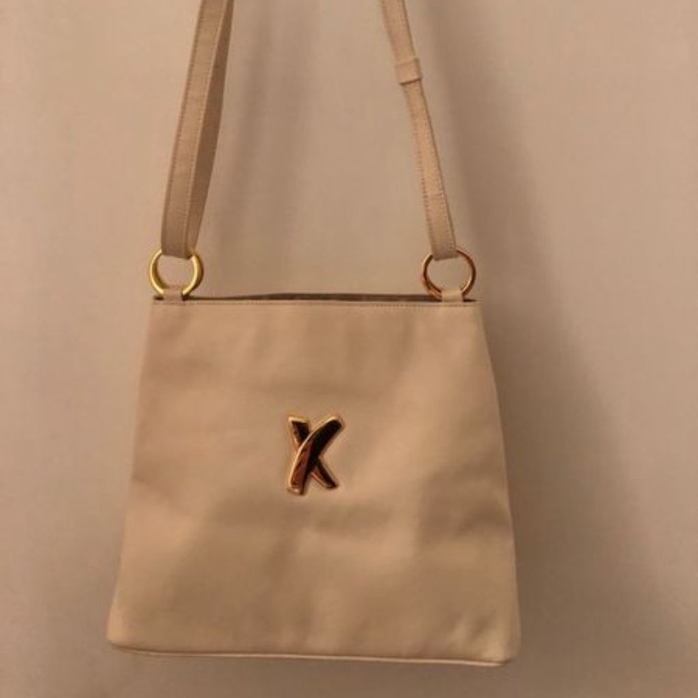 VINTAGE GENUINE PALOMA PICASSO IVORY LEATHER HANDBAG WITH GOLD SIGNATURE LOGO